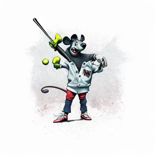 Punk And fearless mouse dressing with an old And dirty suit while holding a baseball bat  tattoo design idea