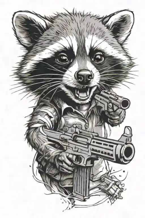 aggressive raccoon in the style of movie characters shoots from a gun tattoo design idea