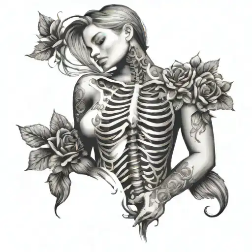 the silhouette of a curvy woman from the front, her rib cage visable, and flowers coming out of the rib cage.  tattoo design idea