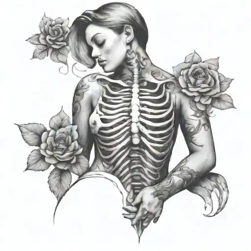  the silhouette of a curvy woman from the front, her rib cage visable, and flowers coming out of the rib cage.  tattoo design idea