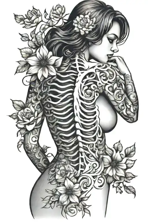  the silhouette of a curvy woman without her face showing, visible ribs, and flowers coming out of the ribs.  tattoo design idea