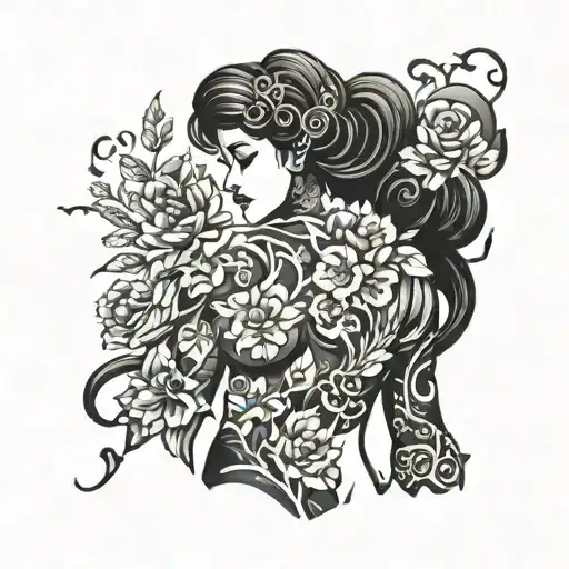curvy women silhouette with her ribs and flowers coming out tattoo design idea