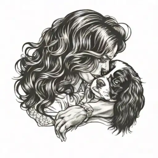 woman cuddling cavalier king charles spaniel tattoo design idea