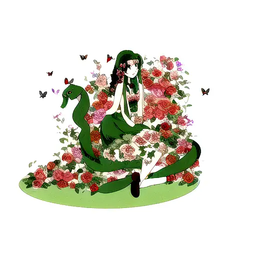 snake with roses and butterflies  tattoo design idea