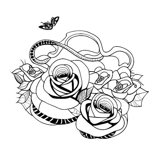 snake with roses and butterflies  tattoo design idea