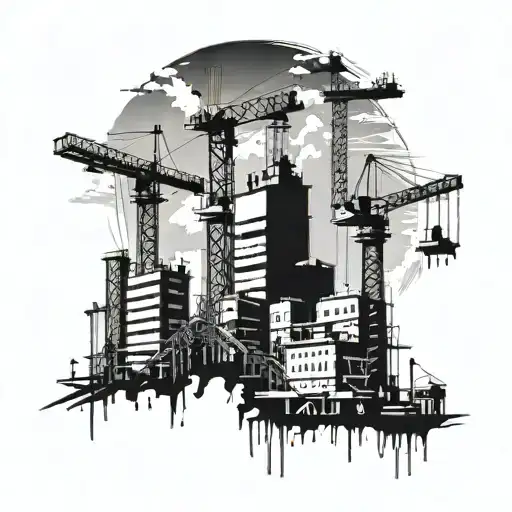 Abstract interpretation of construction site with cranes and buildings tattoo design idea