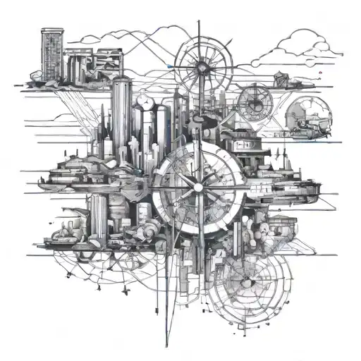 Blueprint of a city skyline incorporating tools of the trade (compass, ruler, etc.) tattoo design idea
