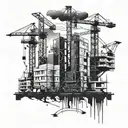 Abstract interpretation of construction site with cranes and buildings tattoo design idea