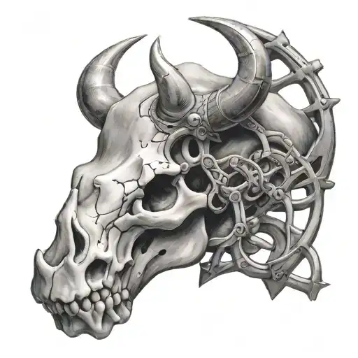 A realistic black and grey tattoo of a rhinoceros skull intertwined with a DNA double helix tattoo design idea