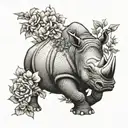 A dotwork tattoo of a rhinoceros charging through a field of blooming flowers tattoo design idea