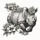 A dotwork tattoo of a rhinoceros charging through a field of blooming flowers tattoo design idea