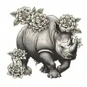 A dotwork tattoo of a rhinoceros charging through a field of blooming flowers tattoo design idea