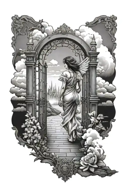 women walking into heaven gates tattoo design idea