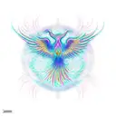 A psychedelic rock-inspired phoenix rising from the ashes in a Moebius-inspired landscape tattoo design idea