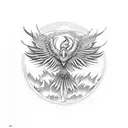 A psychedelic rock-inspired phoenix rising from the ashes in a Moebius-inspired landscape tattoo design idea