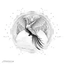 A psychedelic rock-inspired phoenix rising from the ashes in a Moebius-inspired landscape tattoo design idea