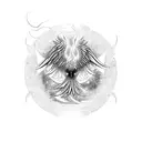 A psychedelic rock-inspired phoenix rising from the ashes in a Moebius-inspired landscape tattoo design idea