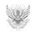 A psychedelic rock-inspired phoenix rising from the ashes in a Moebius-inspired landscape tattoo design idea