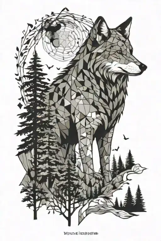 patchwork quote sleeve with wolf surrounded by trees tattoo design idea