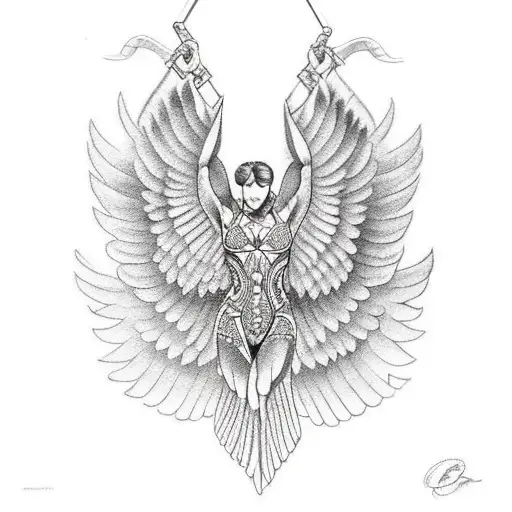 A weightlifter with wings lifting a barbell tattoo design idea