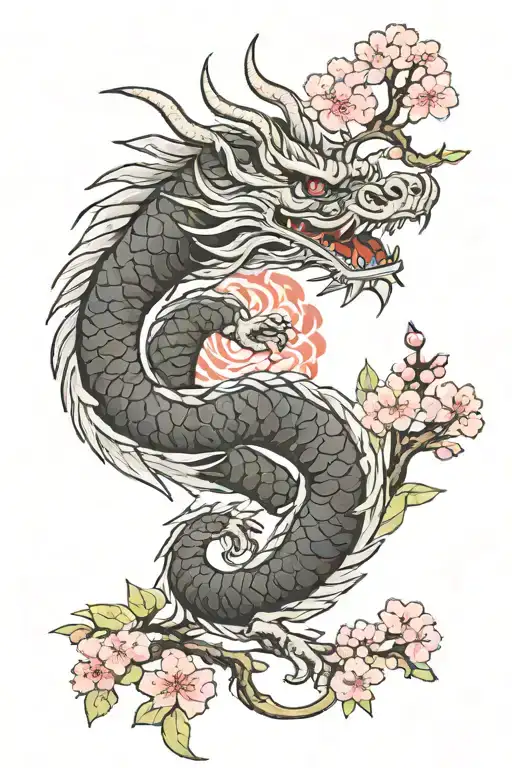 japanese dragon around the forearm with scales and cherry blossom and sakura in the background tattoo design idea