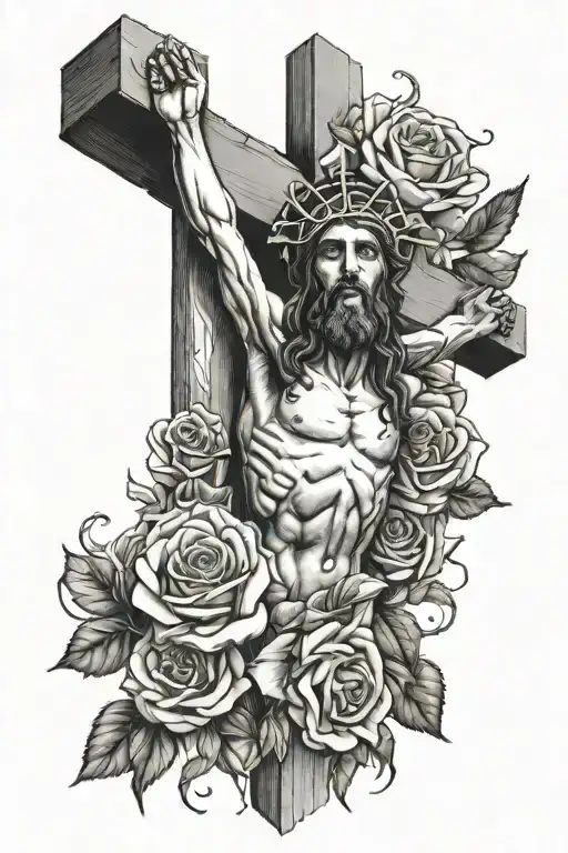 Jesus on the cross in black ink with roses on the cross  tattoo design idea