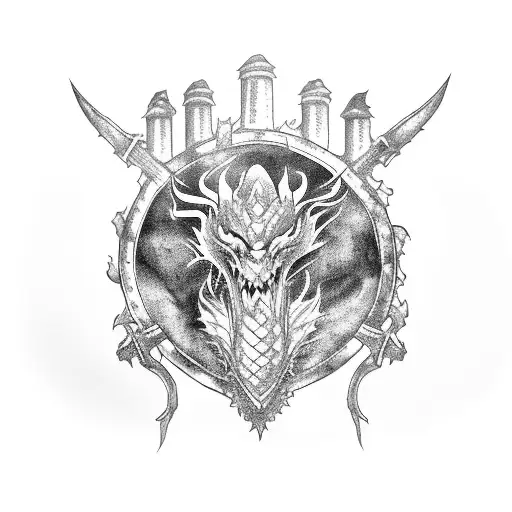 dragon encased in an oak tree breathing green fire onto warrior with shield and axe with a castle in the background and  tattoo design idea