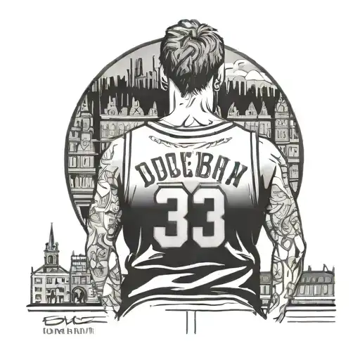 young kid facing away wearing basketball jersey wearing number 3 looking over a city called dublin tattoo design idea