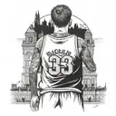 young kid facing away wearing basketball jersey wearing number 3 looking over a city called dublin tattoo design idea