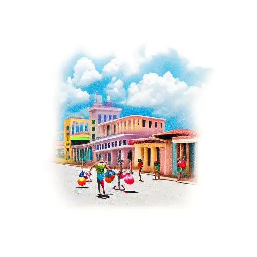 A vibrant Cuban street scene with best friends playing maracas tattoo design idea