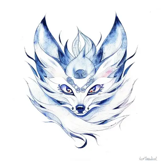 okami ninetails fox aquarelle tattoo design idea
