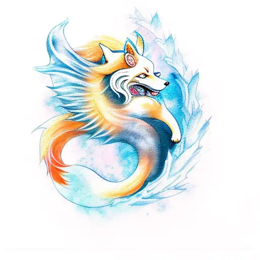 okami ninetails fox aquarelle tattoo design idea