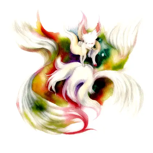 okami ninetails fox aquarelle tattoo design idea