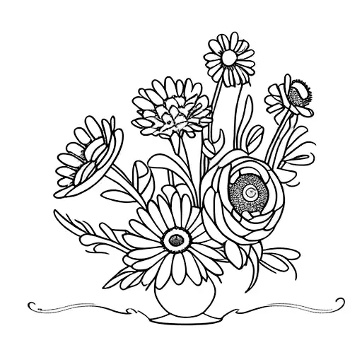 flower bouquet with Twins flowers, Daisy, Lilly, Cosmo, Aster, Violet  tattoo design idea