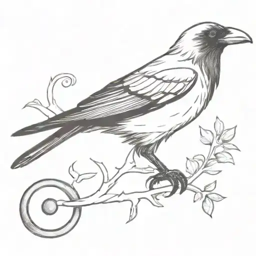 raven sitting in skeleton key tattoo design idea