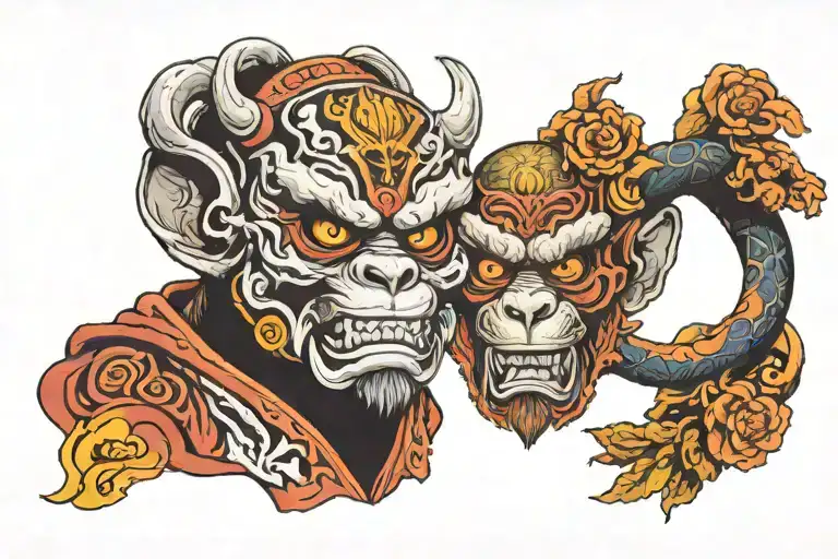 Oni mask and shaolin monkey mask tattoo design idea