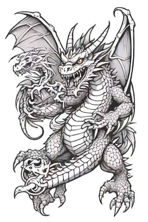 A dragon playing video games with a flying squad of animals tattoo design idea