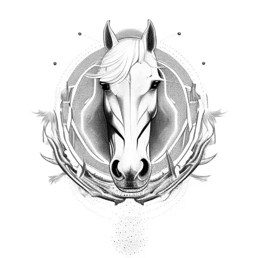 A powerful horse bursting through a blackwork horseshoe tattoo design idea