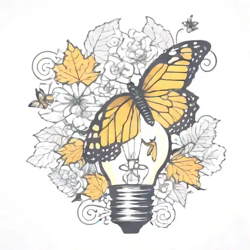 Broken light bulb, flowers growing inside, single butterfly falling maple leaves tattoo design idea