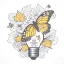 Broken light bulb, flowers growing inside, single butterfly falling maple leaves tattoo design idea