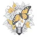 Broken light bulb, flowers growing inside, single butterfly falling maple leaves tattoo design idea