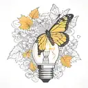 Broken light bulb, flowers growing inside, single butterfly falling maple leaves tattoo design idea