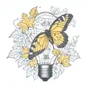 Broken light bulb, flowers growing inside, single butterfly falling maple leaves tattoo design idea