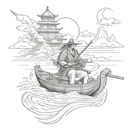 samurai on boat sailing towards temple nestled tattoo design idea