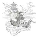 samurai on boat sailing towards temple nestled tattoo design idea