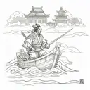 samurai on boat sailing towards temple nestled tattoo design idea