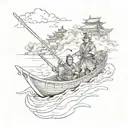 samurai on boat sailing towards temple nestled tattoo design idea