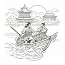 samurai on boat sailing towards temple nestled tattoo design idea