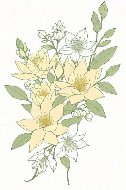 larkspur waterlily bouquet with Leo constillation  tattoo design idea