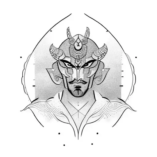 A portrait of Ravan with his prominent facial features like his sharp nose and fierce eyes. You can add details like his tattoo design idea